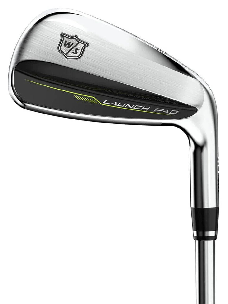 Stainless steel golf iron club with Launch Pad branding and black-green detail