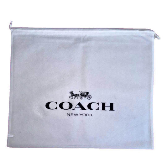 White drawstring dust bag with black Coach New York carriage logo, square shape