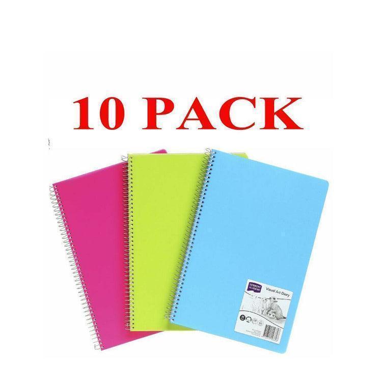 10 pack of A4 spiral-bound visual art diaries with pink, green, and blue covers