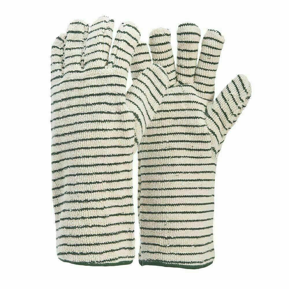 Pair of striped terry oven mitts with cut resistance for bakery or kitchen safety