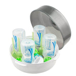 Baby bottle drying rack with clear bottles, green straws, and blue markings for organized storage