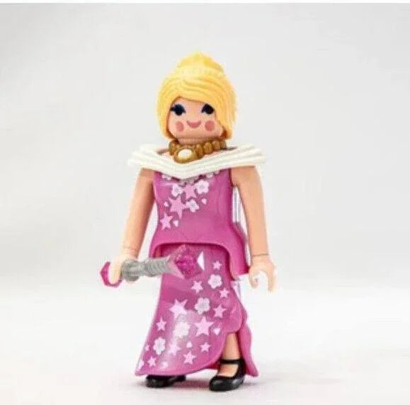 Pink star-patterned dress Playmobil figure with blonde hair and sword