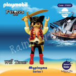 Playmobil Pirates Will Turner figure with sword, red boots, and pirate ship background, Myplaymo Series 1