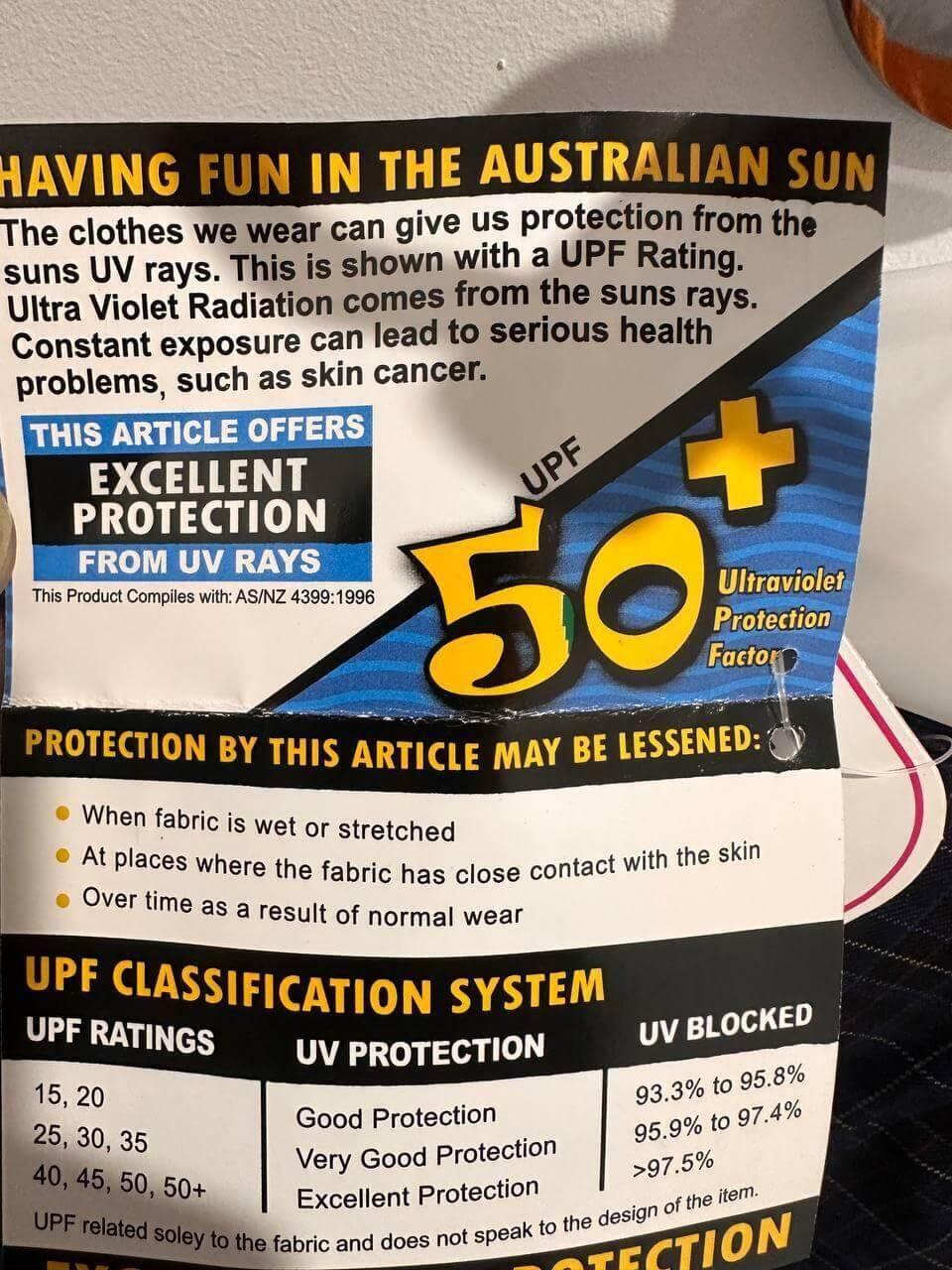 UPF 50+ UV protection label for sun-safe clothing, highlighting excellent UV ray defense and compliance standards.