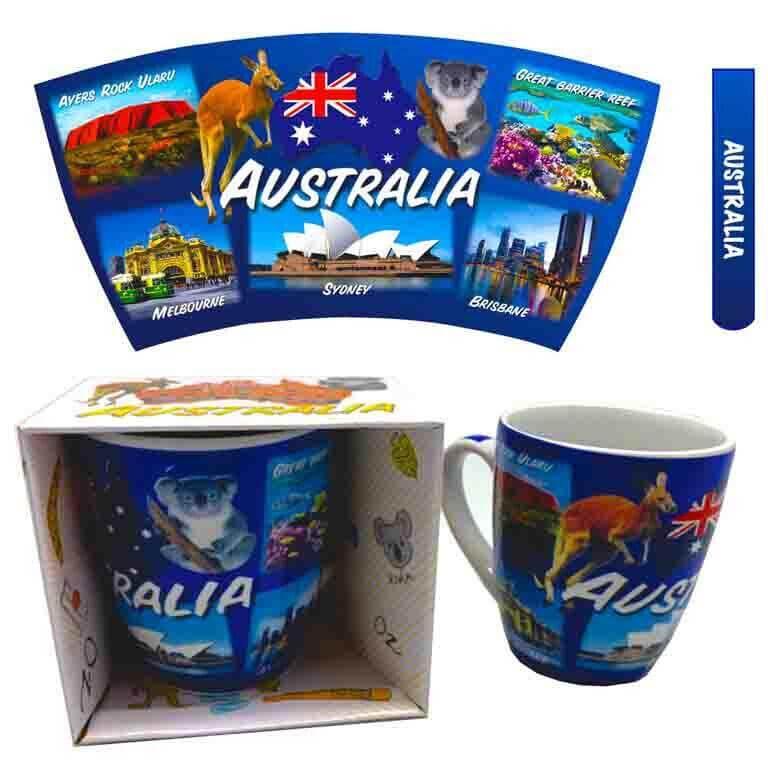 Australia-themed souvenir mug with kangaroo, koala, Sydney Opera House, and landmarks, in gift box