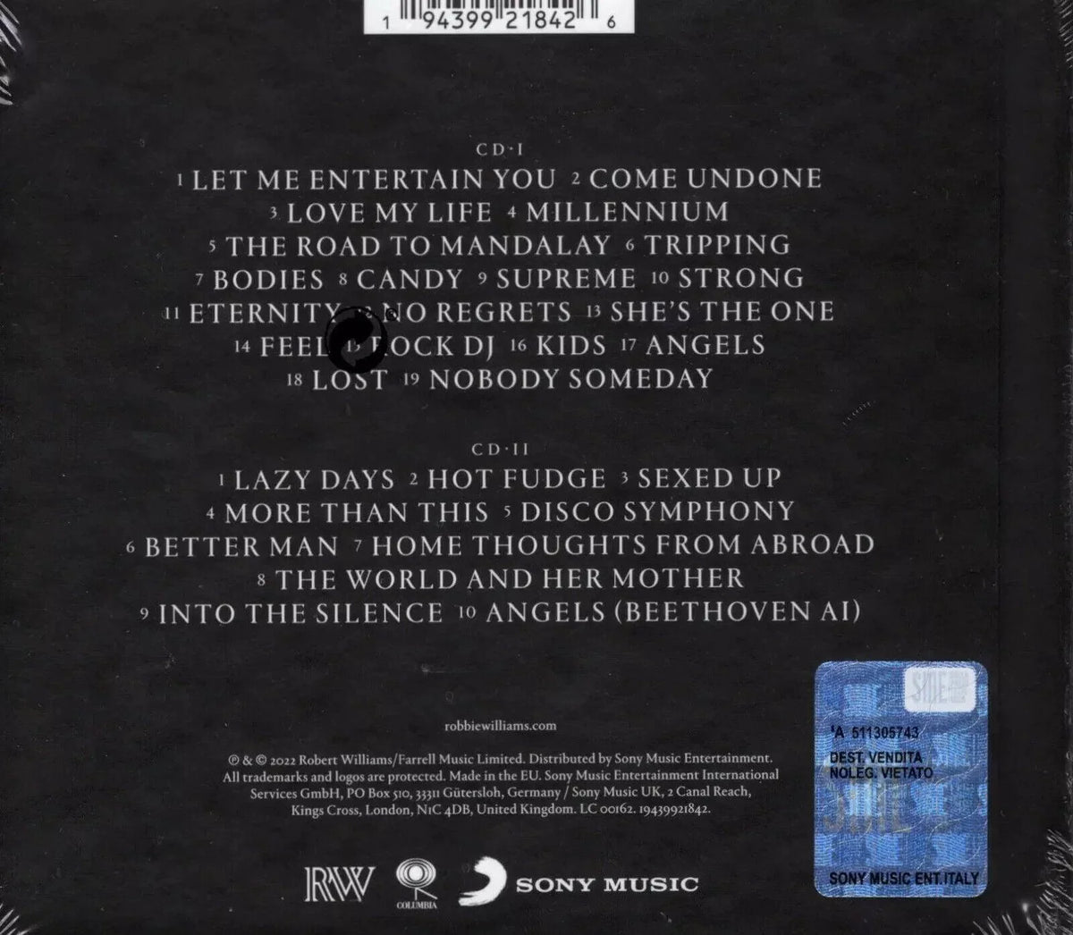 Robbie Williams album tracklist with CD-I and CD-II song titles on black background