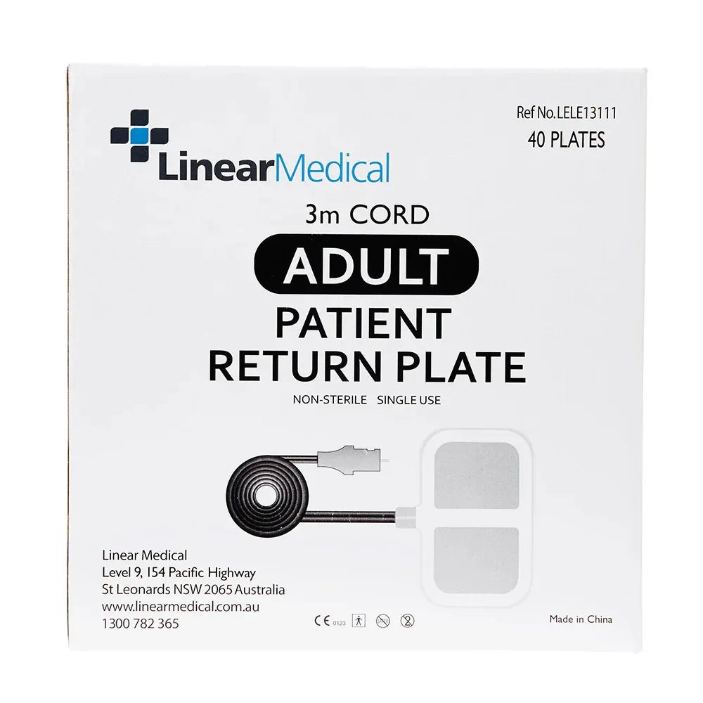 Linear Medical Adult Patient Return Plate with 3m Cord, Non-Sterile Single Use, 40 Plates