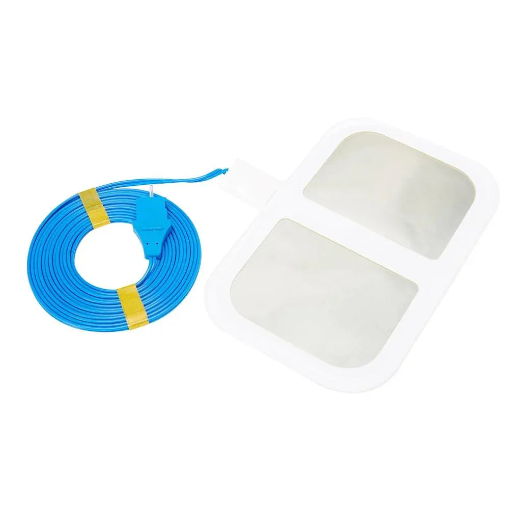Blue coiled cable with connector and white dual-pad electrode for TENS unit therapy