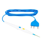 Blue electrical test probe with white handle, yellow and blue buttons, and 3-prong plug for circuit testing