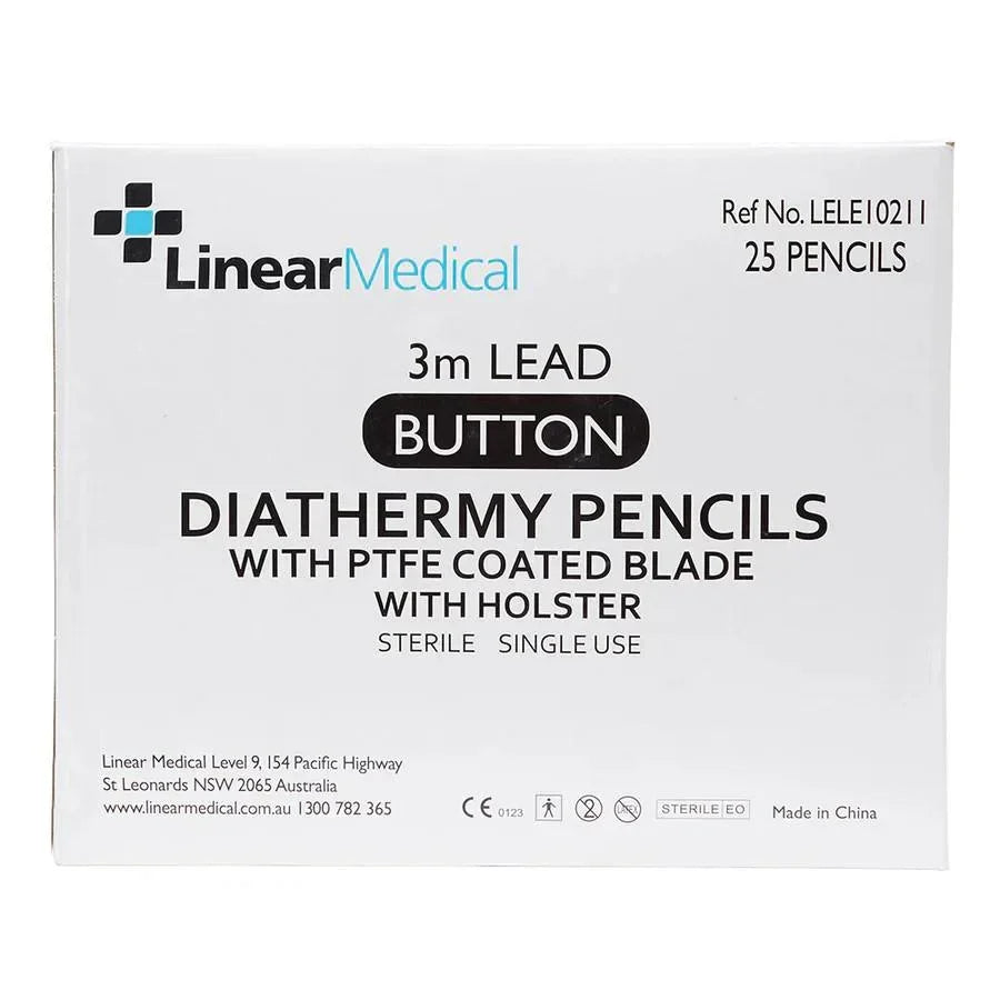 Linear Medical 3m Lead Button Diathermy Pencils with PTFE Coated Blade, Sterile Single Use