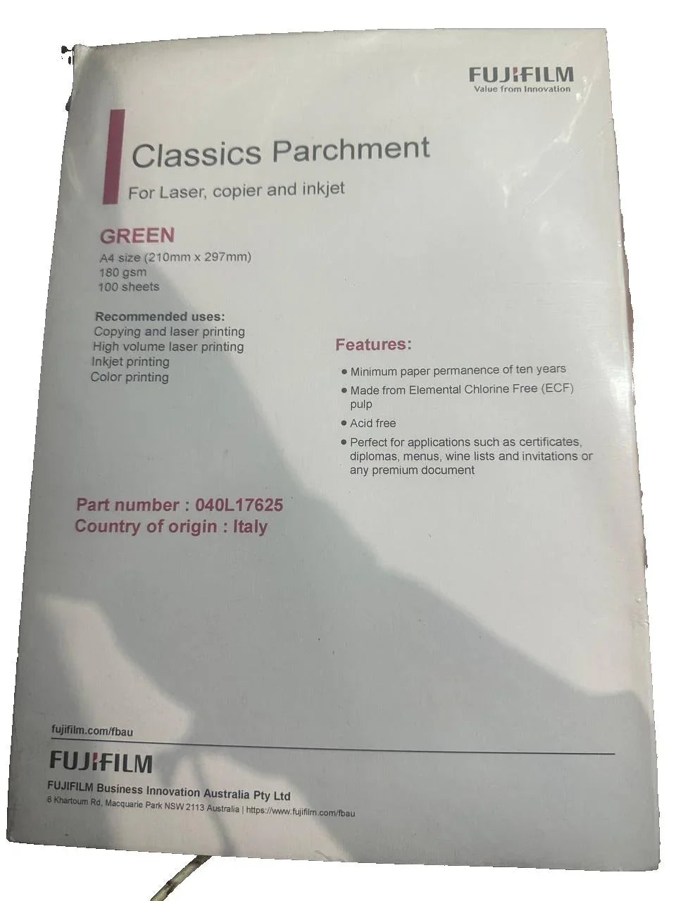 FUJIFILM Classics Parchment Paper A4 176gsm Pk100  Part 040L17625 green