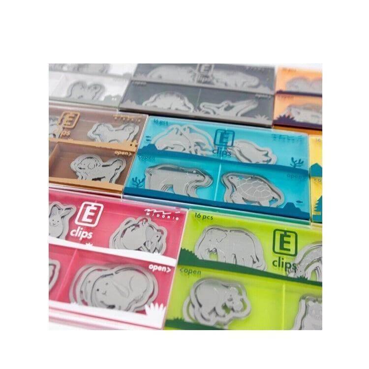 Assorted steel animal-shaped E-clips in colorful boxes, ideal for office and document organizing