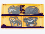 Set of 16 animal-shaped steel E-clips paper clips in a yellow case, office stationery