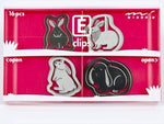 Set of 16 rabbit-shaped steel paper clips in a clear red office supply box