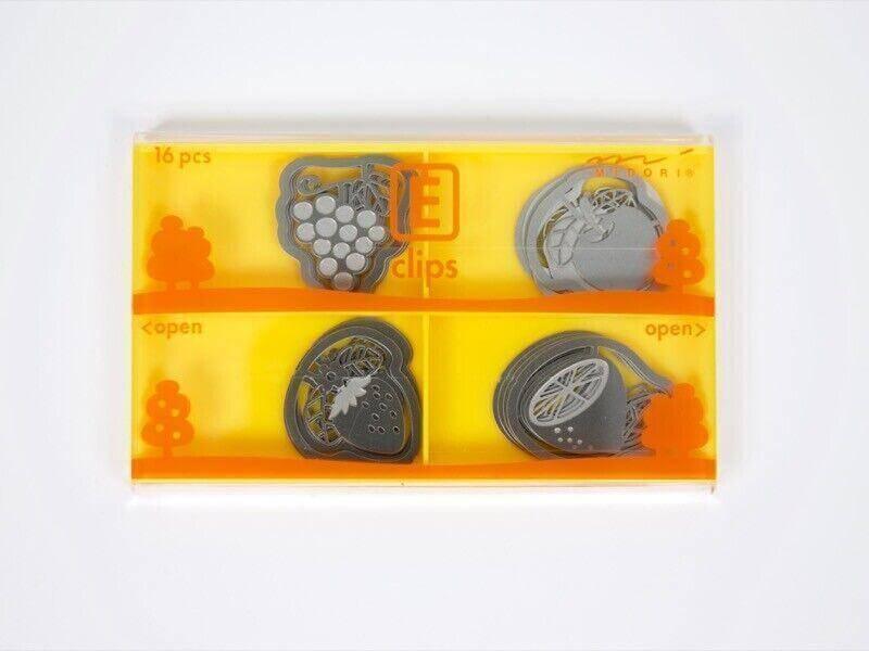 Set of 16 assorted steel E-clips for office paper documents in orange plastic organizer