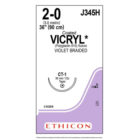 Ethicon COATED VICRYL J345H Suture&nbsp; 2-0 / 36MM / 1/2C / 90 CM BOX36 ,EX 8/2026