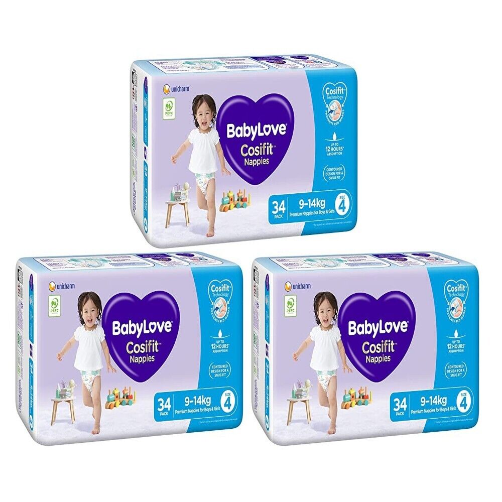 3 x BabyLove Cosifit Jumbo Nappies Toddler 9-14kg Size 4 (3X 34 Nappies=102)