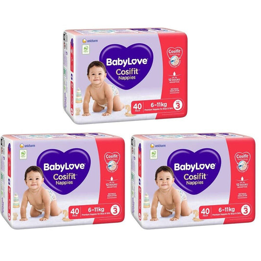 3x Babylove Cosifit Nappies Size 3 (6-11kg) 3x 40 Pack = 120