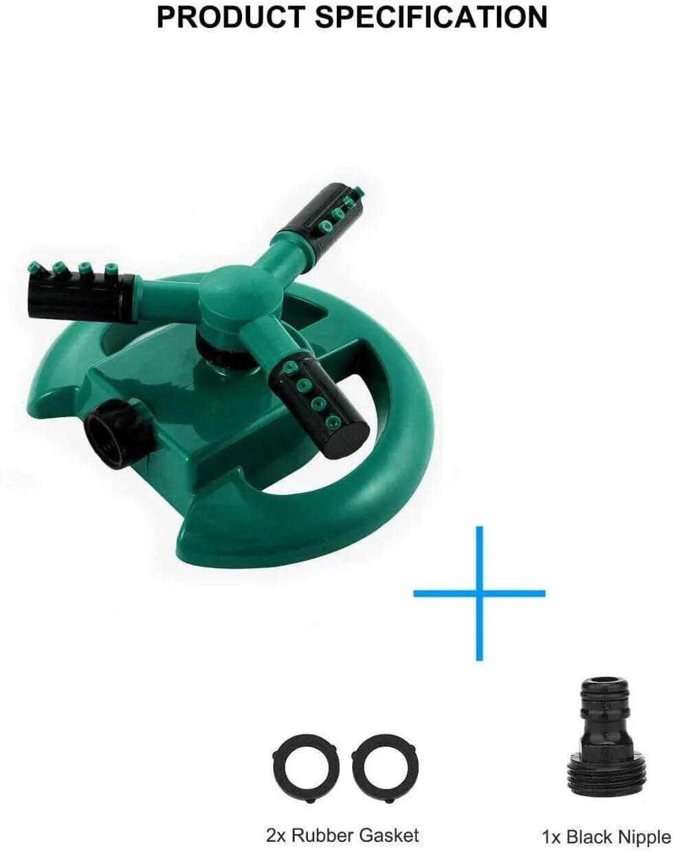 Green garden sprinkler with black nozzles, rubber gaskets, and nipple配件 for lawn irrigation