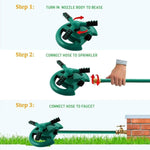 Green garden sprinkler setup guide: attach nozzle, connect hose, and link to faucet for lawn watering.