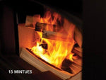 Warm fire burning in wood stove with logs, cozy indoor setting