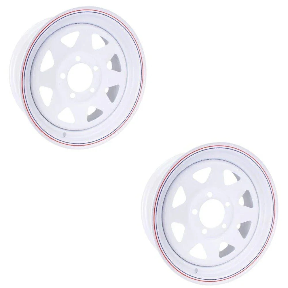 White steel trailer wheels with red and blue rim stripes, 15-inch, 5-lug pattern, for utility trailers