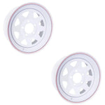 White steel trailer wheels with red and blue rim stripes, 15-inch, 5-lug pattern, for utility trailers
