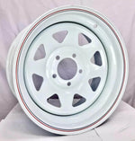 White steel truck wheel rim with red and black pinstripes, 8 lug holes, for commercial or agricultural vehicles