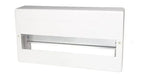 White plastic electrical junction box with metal mounting bracket