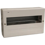 Beige electrical switchboard enclosure with metal rails, suitable for industrial or office use