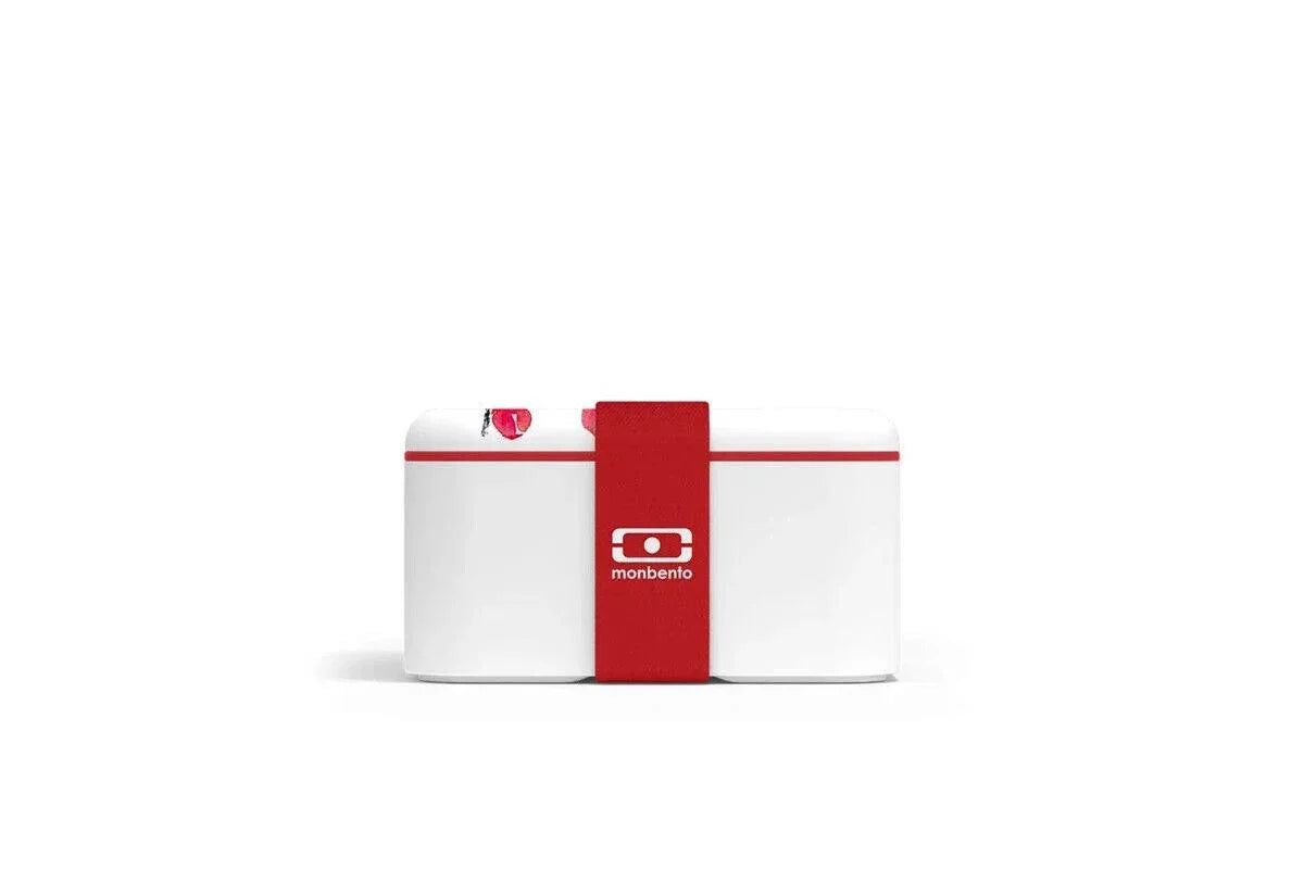 Monbento white lunchbox with red strap and logo, sleek design for daily use