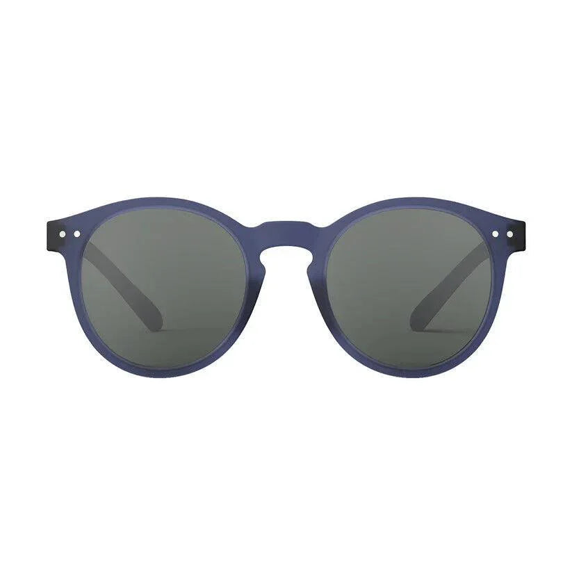 Blue round-frame sunglasses with dark lenses, stylish unisex eyewear for sun protection