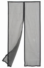 Black mesh screen door with vertical stripes, ideal for home or workshop entryways