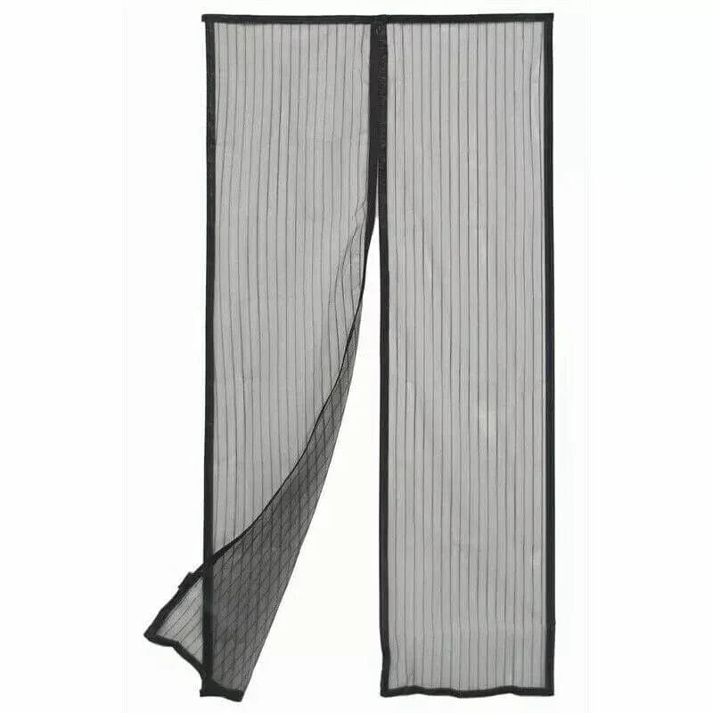 Black mesh screen door curtain with magnetic closure for home or workshop entryway