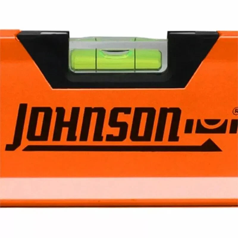 Johnson level tool with green bubble vial, orange body, black accents for construction and DIY projects