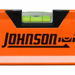 Johnson level tool with green bubble vial, orange body, black accents for construction and DIY projects