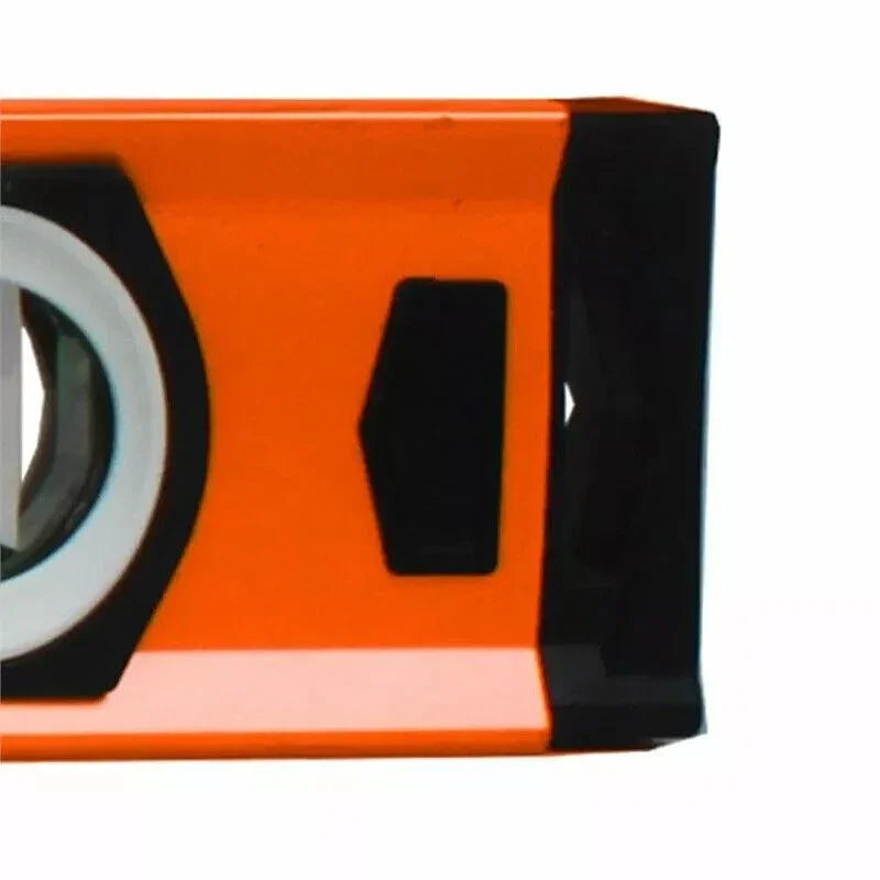 Orange and black spirit level with bubble vial for precise leveling tasks
