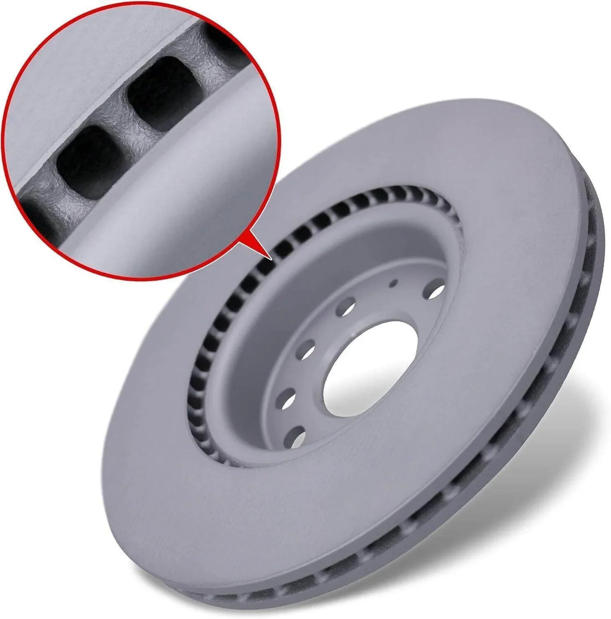 Gray ventilated brake rotor with detailed cooling slots for truck or tractor parts