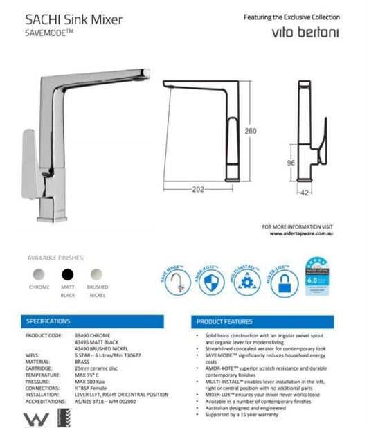 alder Vito Bertoni Sachi Sink Mixer Chrome 39490 6 Water Rating