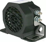 Black industrial alarm with metal mounting bracket and terminal screws