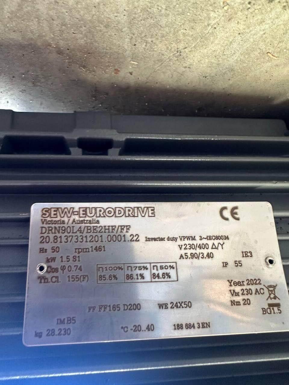 SEW-EURODRIVE industrial motor label with specs, CE mark, and 2022 manufacturing details
