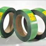 Green plastic strapping rolls for industrial packaging and bundling, heavy-duty securing tape