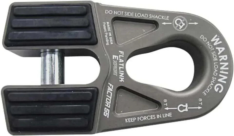 Flatlink Factor 55 8T shackle with warning labels, made in USA, for heavy-duty towing and recovery