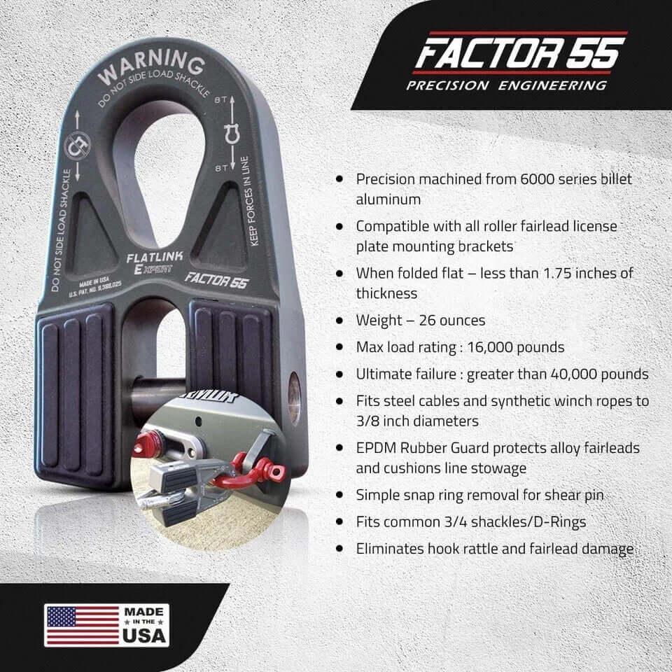 Factor 55 Flatlink Expert winch shackle for steel cables & synthetic ropes, precision machined aluminum, 16K lb rating