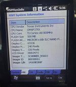 HSM System Info screen showing CPU, flash, display specs, and imager details on handheld device