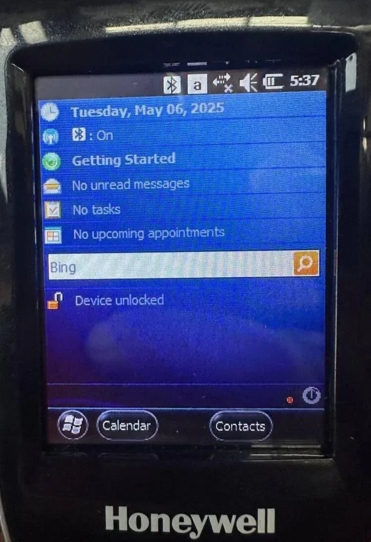Honeywell handheld device screen displaying Windows Mobile OS with calendar, contacts, and Bing search