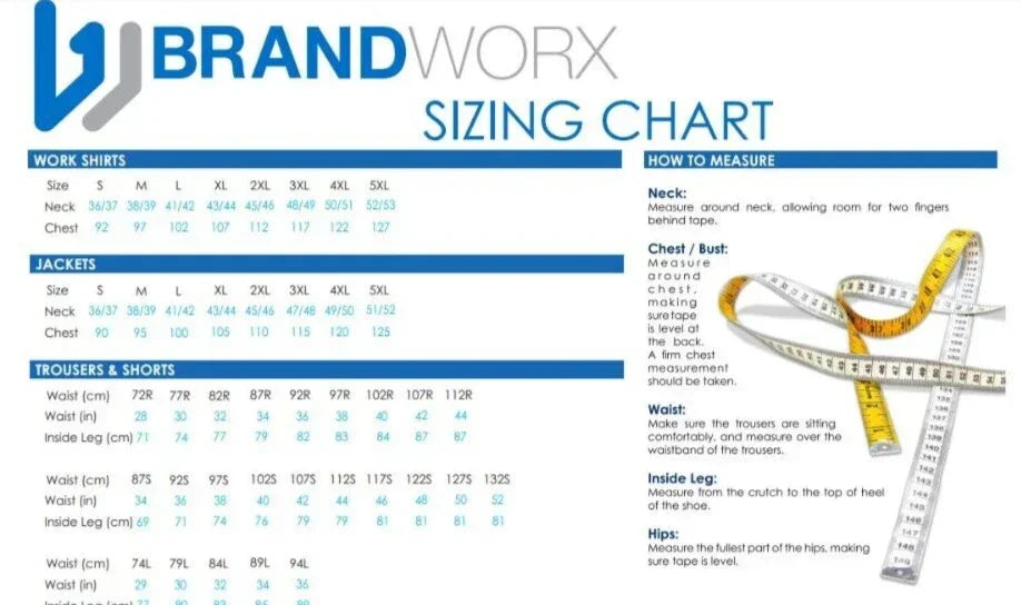 BrandWorx sizing chart for work shirts, jackets, trousers, and shorts with measurement guide