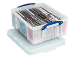 Clear plastic storage box with blue handles holding CDs and DVDs organized neatly
