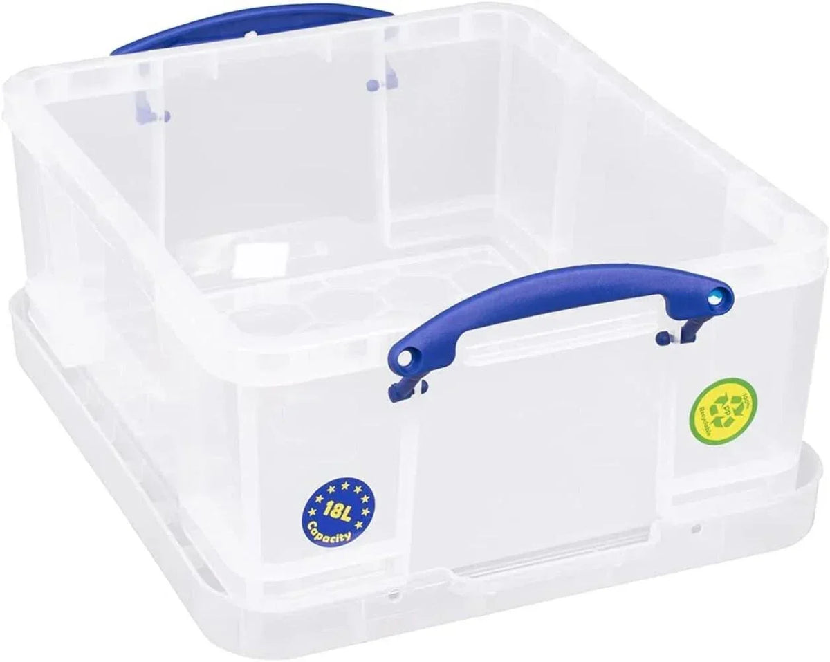 Clear 18L storage box with blue handles, ideal for organizing tools or office supplies