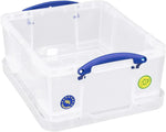 Clear 18L storage box with blue handles, ideal for organizing tools or office supplies